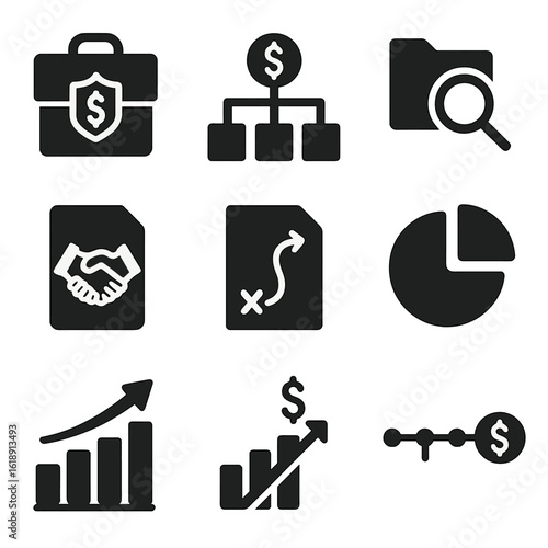 Business Valuation Icons. Solid, filled icons set of business valuation and exit planning: business appraisal