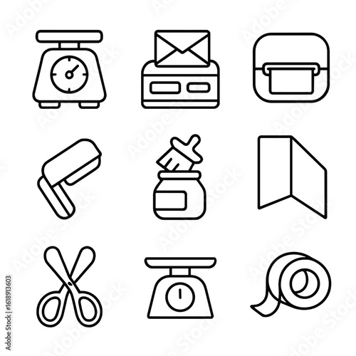 Mail Tools Icons. Outline icon set of mail preparation tools: postage scale, postage meter, label printer, adhesive roller,