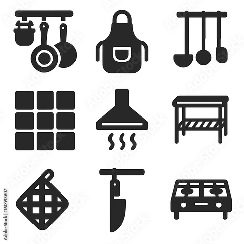 Chef Kitchen Icon Set. Solid, filled icons set of hanging pot racks in chef-style kitchens: commercial rack,
