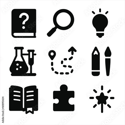 Child Learning Icons. Solid, filled icons set of child-led learning: question mark book, magnifying glass,