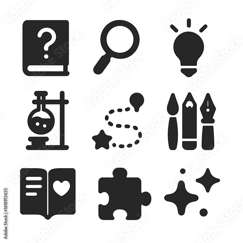 Child Learning Icons. Solid, filled icons set of child-led learning: question mark book, magnifying glass,