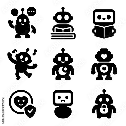 Child-Friendly Robot Icons. Solid, filled icons set of child-friendly home robots: interactive robot toy,