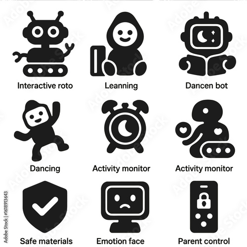 Child-Friendly Robot Icons. Solid, filled icons set of child-friendly home robots: interactive robot toy,