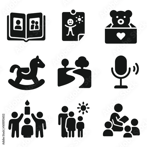 Icons of Childhood Memories. Solid, filled icons set of childhood memories being passed on: photo album,