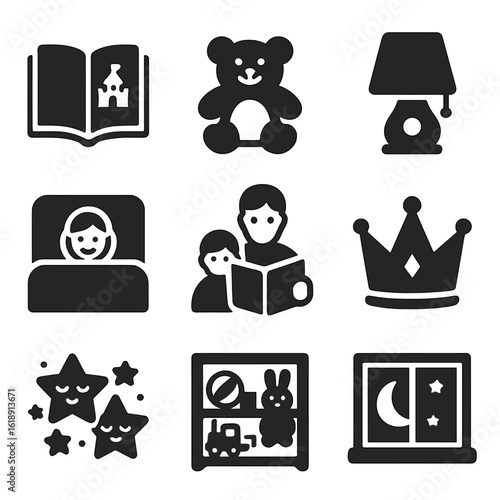 Children's Bedtime Icons. Solid, filled icons set of children’s bedtime reading: storybook, stuffed animal,