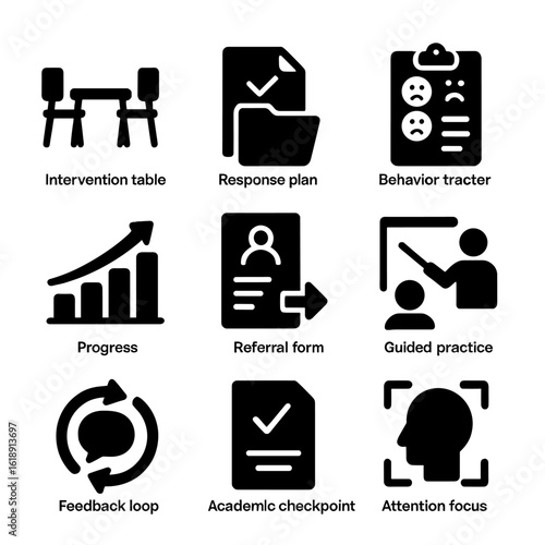 Classroom Support Icons. Solid, filled icons set of classroom intervention and support: intervention table,