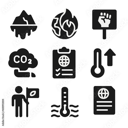 Climate Change Icons. Solid, filled icons set of climate change awareness actions: melting glacier, global