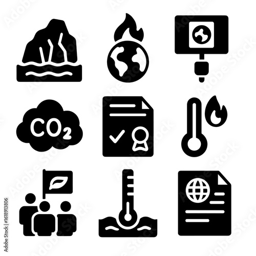 Climate Change Icons. Solid, filled icons set of climate change awareness actions: melting glacier, global
