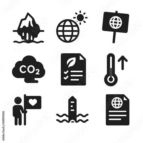 Climate Change Icons. Solid, filled icons set of climate change awareness actions: melting glacier, global