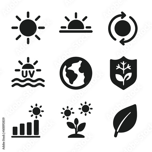 Climate Zone Icons. Solid, filled icons set of climate zones and plant sunlight needs: equator sun icon,