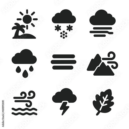 Climate Icon Set. Solid, filled icons set of climate and weather across countries: tropical sun, snowfall,