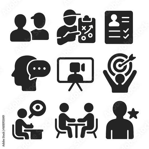 Coaching Session Icons. Solid, filled icons set of one-on-one coaching sessions: coach and athlete silhouette,