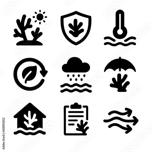 Climate Resilience Icons. Solid, filled icons set of climate resilience for reefs: heat-stress coral,