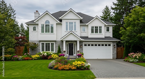 Contemporary big white custom made luxury house in the suburbs of vancouver, canada. large family house with nicely landscaped front yard and driveway to garage villa perfect for modern living