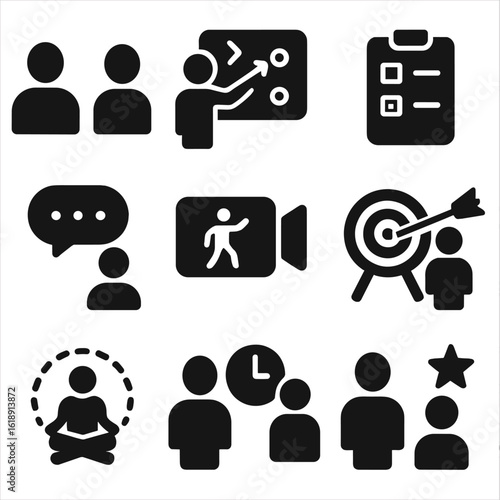 Coaching Sessions Icons. Solid, filled icons set of one-on-one coaching sessions: coach and athlete silhouette