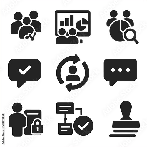 Collaborative Data Icons. Solid, filled icons set of collaborative data decision-making: team chart review,