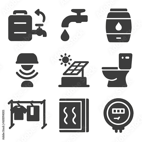 Conservation Systems Icons. Solid, filled icons set of water and energy conservation systems: greywater reuse
