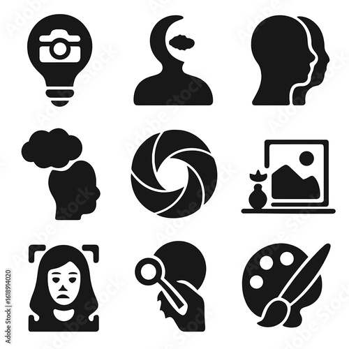 Conceptual Photography Icons. Solid, filled icons set of conceptual photography: light bulb with camera,