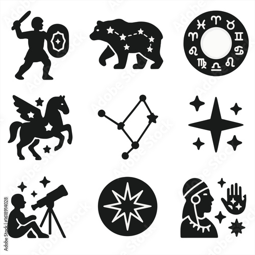Constellation Icons Set. Solid, filled icons set of constellations and mythological stars: Orion figure, Ursa