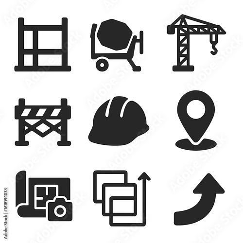 Construction Icon Set. Solid, filled icons set of architectural site progress photos: under-construction frame