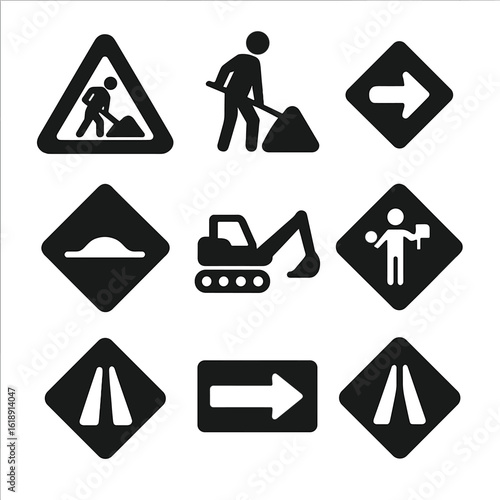 Construction Icons Grid. Solid, filled icons set of construction and maintenance signs: road work sign, men at