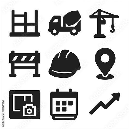 Construction Icon Set. Solid, filled icons set of architectural site progress photos: under-construction frame