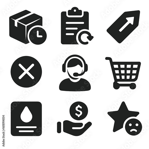 Consumer Disruption Icons. Solid, filled icons set of consumer-facing effects of disruption: delayed delivery