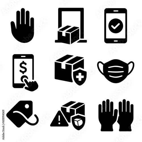 Contactless Delivery Icons. Solid, filled icons set of contactless delivery options: no-contact hand symbol,