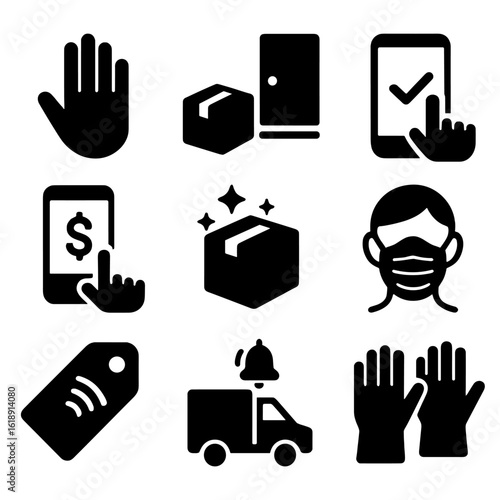 Contactless Delivery Icons. Solid, filled icons set of contactless delivery options: no-contact hand symbol,