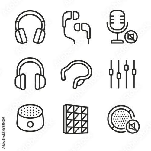 Audio Device Icons. Outline icon set of Noise-canceling audio devices: over-ear headphones, in-ear earphones, ANC microphone,