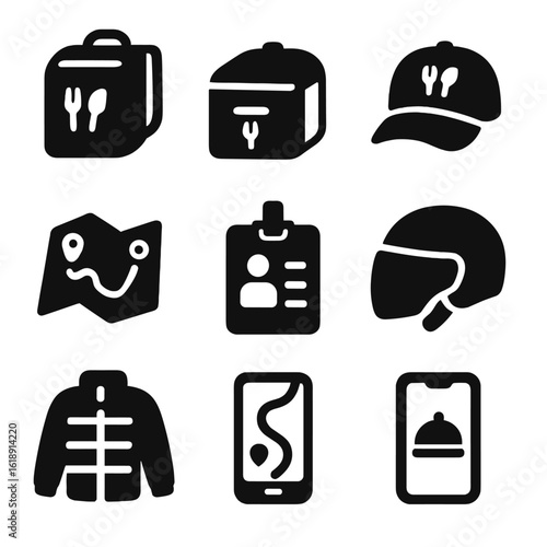 Courier Gear Icons. Solid, filled icons set of food courier equipment and apparel: delivery backpack, thermal