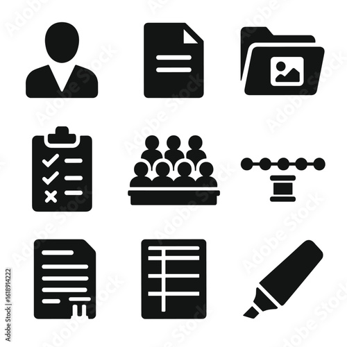 Courtroom Task Icons. Solid, filled icons set of courtroom preparation tasks: witness outline, opening