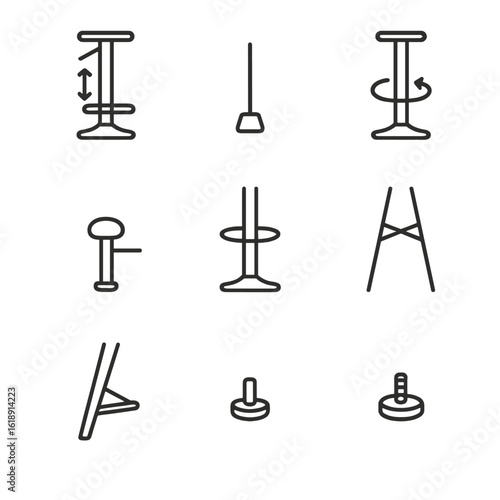 Bar Stool Features Icons. Outline icon set of bar stool leg features and accessories: adjustable footrest, rubber foot pad, swivel