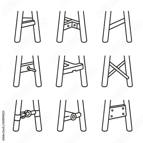 Bar Stool Leg Joints. Outline icon set of bar stool leg joints and connections: mortise and tenon joint, metal bracket, weld seam,