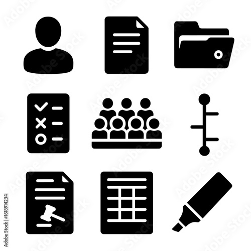Courtroom Task Icons. Solid, filled icons set of courtroom preparation tasks: witness outline, opening