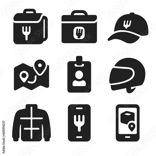 Courier Gear Icons. Solid, filled icons set of food courier equipment and apparel: delivery backpack, thermal