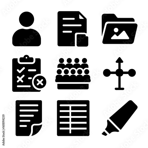 Courtroom Task Icons. Solid, filled icons set of courtroom preparation tasks: witness outline, opening