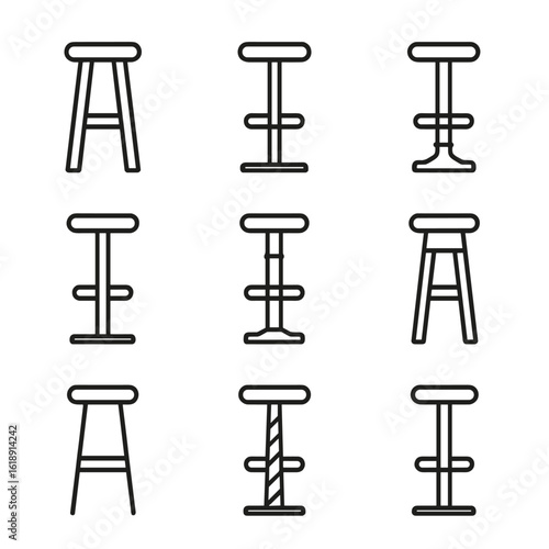 Bar Stool Leg Icons. Outline icon set of bar stool leg materials and finishes: solid oak leg, stainless steel leg, chrome-plated