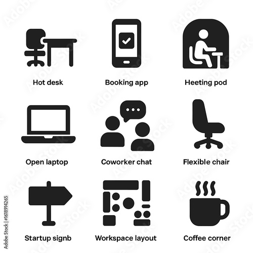 Coworking Essentials Icons. Solid, filled icons set of modern coworking space essentials: hot desk icon,