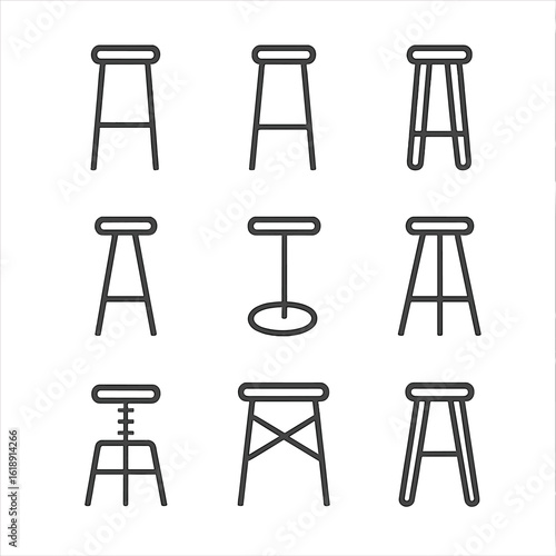 Bar Stool Leg Icons. Outline icon set of bar stool leg types: straight leg, tapered leg, hairpin leg, tripod leg, pedestal leg,