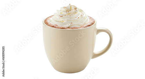 A creamy mug of hot chocolate with whipped cream and cinnamon on a black background isolated image on transparent background