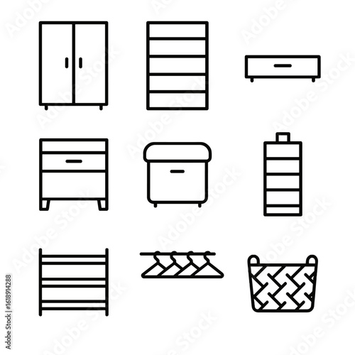 Bedroom Storage Icons. Outline icon set of bedroom storage solutions: wardrobe, open shelving, under-bed drawer, bedside table