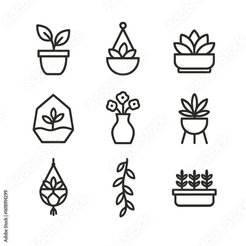 Bedroom Plant Icon Set. Outline icon set of bedroom plant decor: potted plant, hanging planter, succulent pot, terrarium, bedside