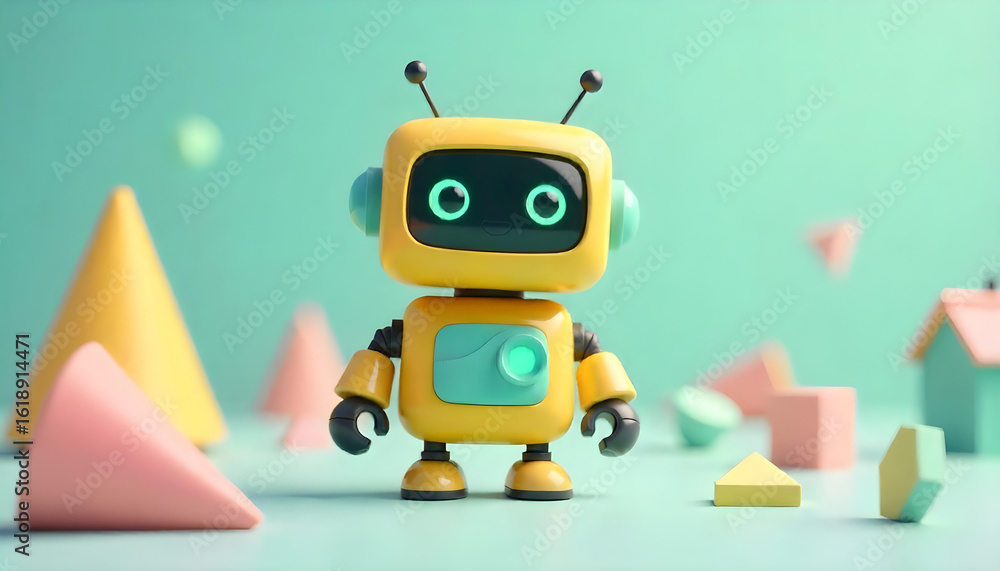 Obraz premium Cute yellow robot with glowing eyes surrounded by geometric shapes