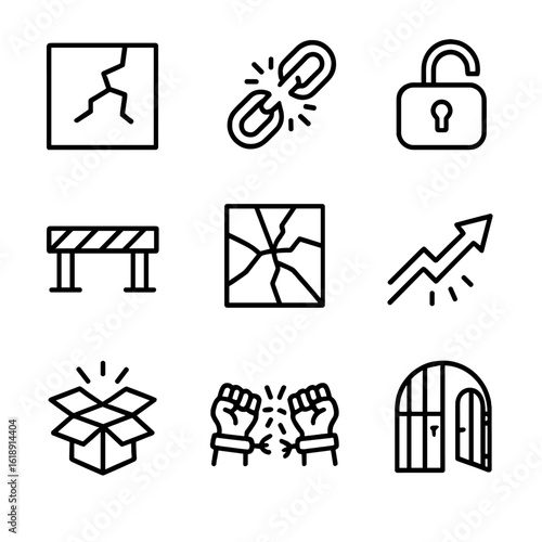 Breaking Barriers Icons. Outline icon set of breaking barriers: cracked wall, broken chain, open padlock, barrier tape, shattered