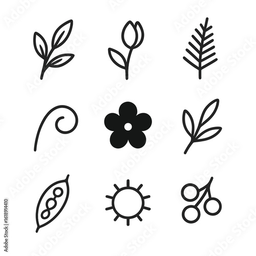 Botanical Outline Icons. Outline icon set of botanical motifs: leaf sprig, flower bud, fern frond, vine tendril, seed pod, blossom