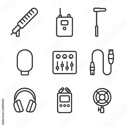 Broadcast Audio Icon Set. Outline icon set of broadcast audio accessories: shotgun microphone, wireless mic pack, boom pole,