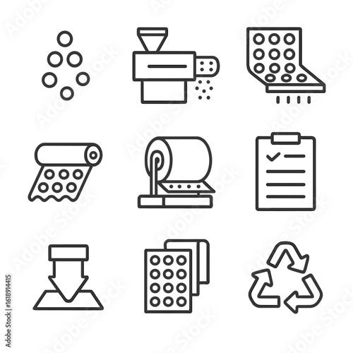 Bubble Wrap Icon Set. Outline icon set of bubble wrap manufacturing process: plastic resin pellets, extrusion machine, bubble