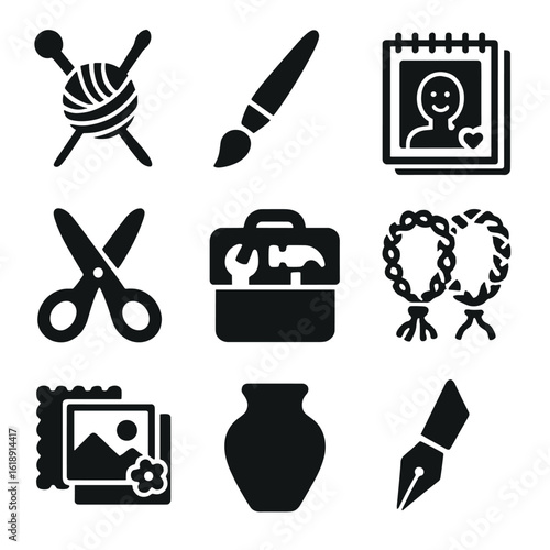 Creative Hobby Icons. Solid, filled icons set of creative hobbies between friends: knitting needles,