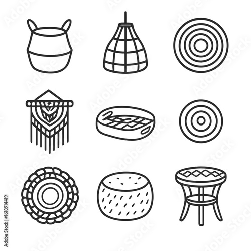 Bohemian Woven Decor Icons. Outline icon set of bohemian woven decor: seagrass basket, rattan lamp shade, jute rug, macrame wall